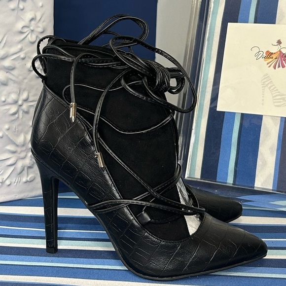 New black open croc animal print lace up high heel pointed pump boots - Picture 7 of 16